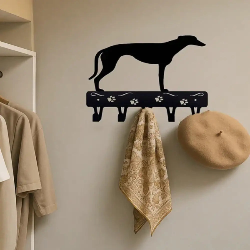 Black metal wall-mounted coat rack shaped like a greyhound with paw print decorations for hanging items