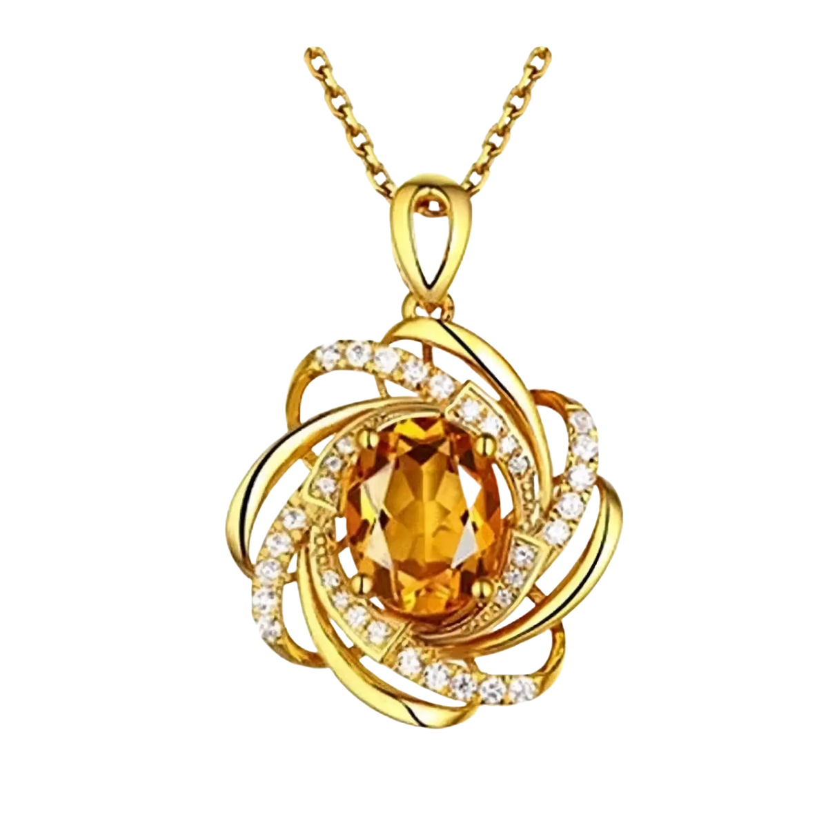 Gold citrine windmill pendant necklace featuring central oval stone with swirling gold bands and clear cubic zirconia accents