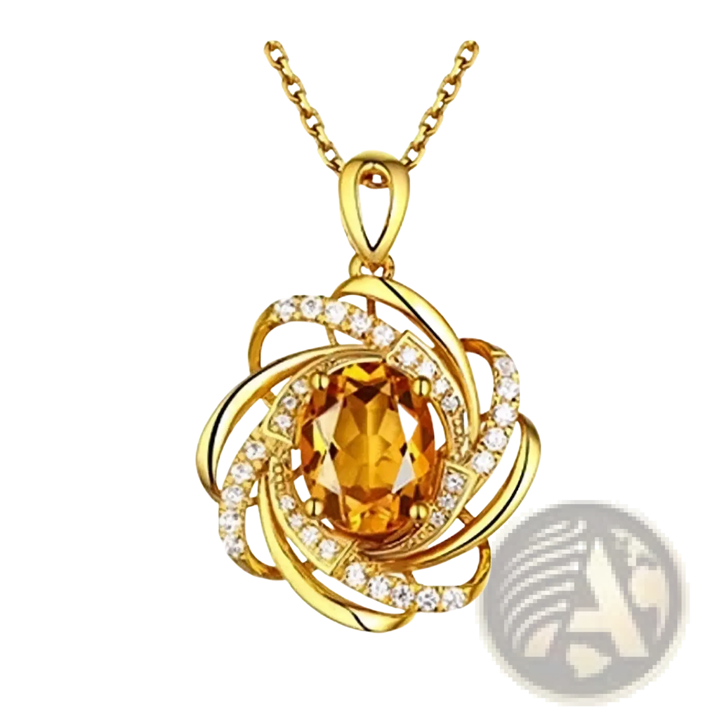 Gold citrine windmill pendant necklace featuring central oval stone with swirling gold bands and clear cubic zirconia accents