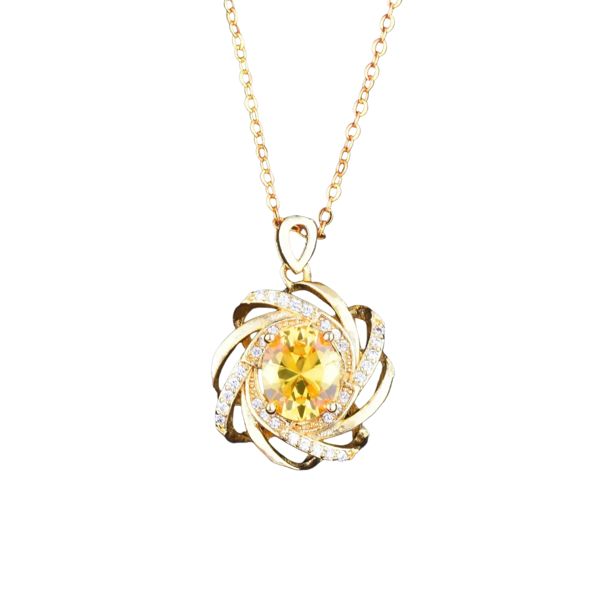 Golden citrine windmill pendant necklace with central yellow gemstone surrounded by swirling gold bands and clear diamonds