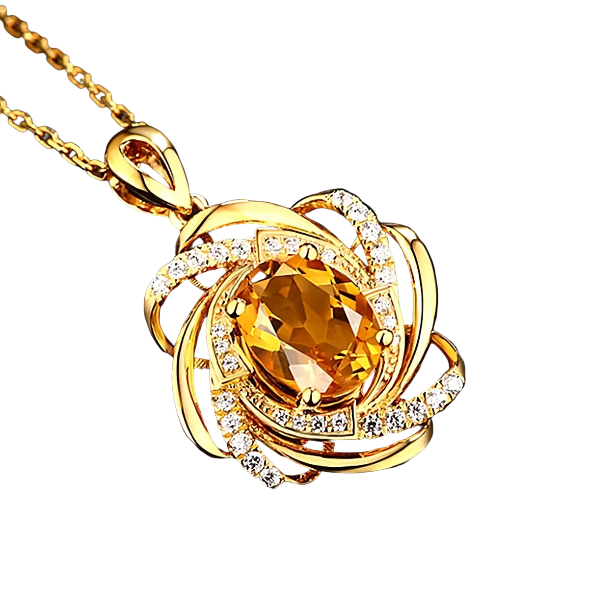 Gold pendant necklace with oval citrine stone surrounded by gold swirls and clear diamonds citrine windmill pendant
