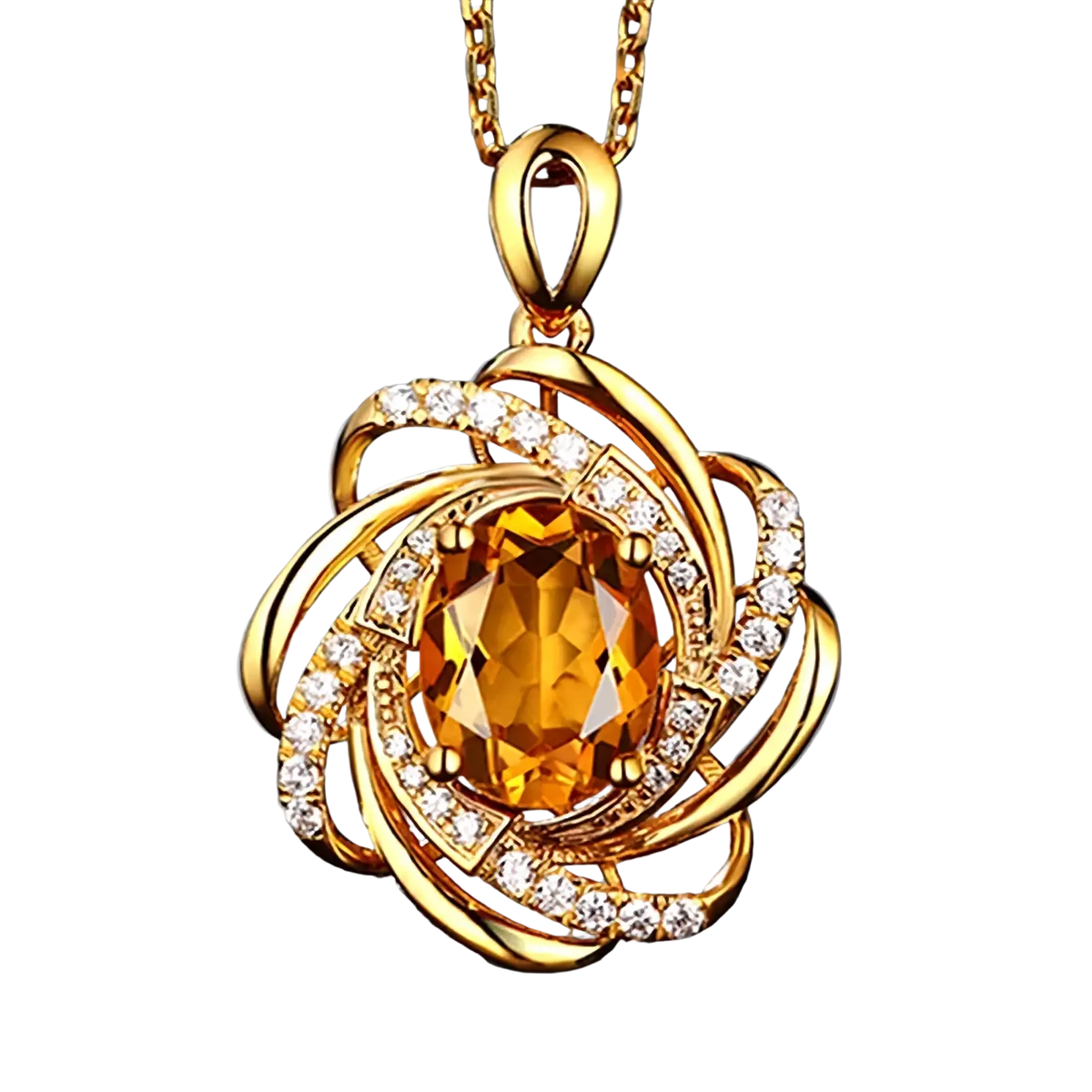 Gold birthstone citrine windmill pendant necklace with central oval citrine surrounded by swirling gold and diamonds