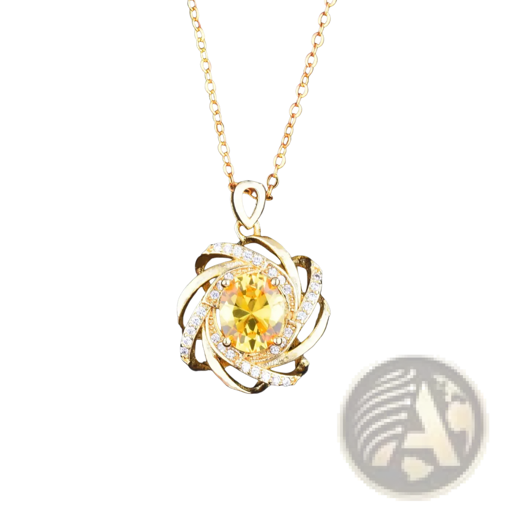 Golden citrine windmill pendant necklace with central yellow gemstone surrounded by swirling gold bands and clear diamonds