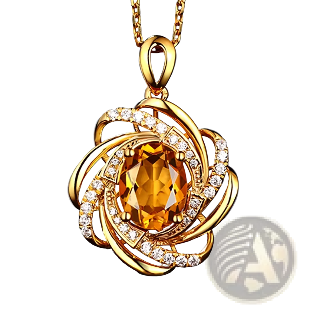 Gold birthstone citrine windmill pendant necklace with central oval citrine surrounded by swirling gold and diamonds