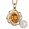 Gold birthstone citrine windmill pendant necklace with central oval citrine surrounded by swirling gold and diamonds