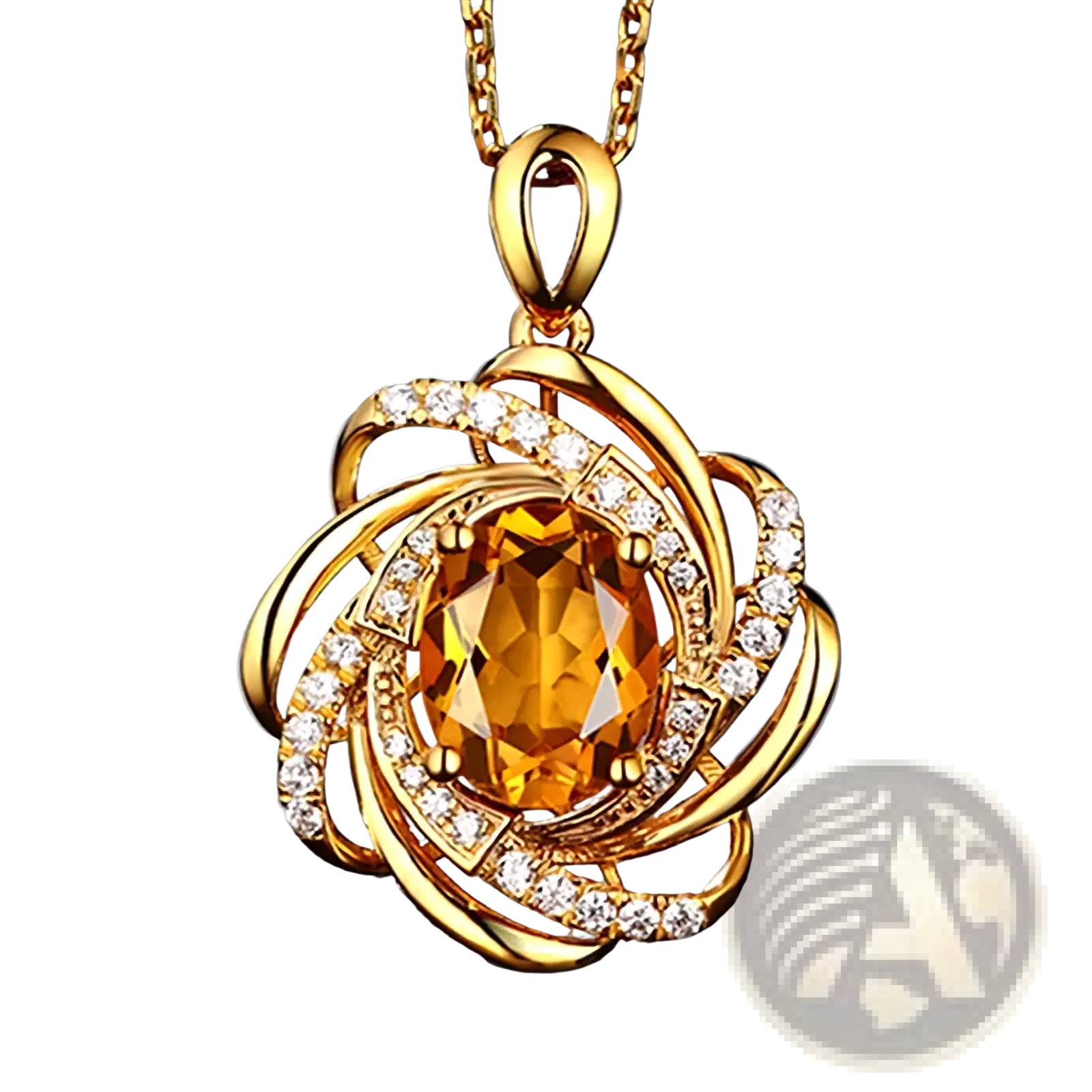 Gold birthstone citrine windmill pendant necklace with central oval citrine surrounded by swirling gold and diamonds