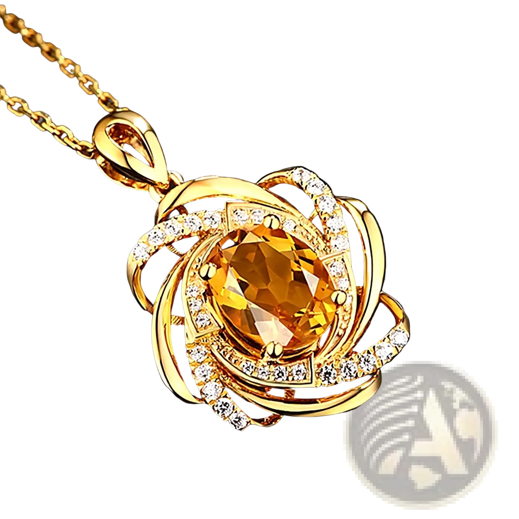 Gold pendant necklace with oval citrine stone surrounded by gold swirls and clear diamonds citrine windmill pendant