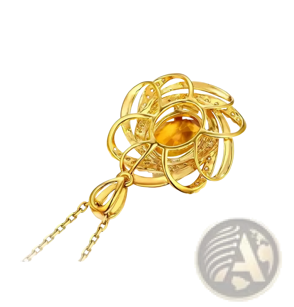 Golden citrine windmill pendant necklace with central amber gemstone, gold filigree, small diamonds, and delicate chain