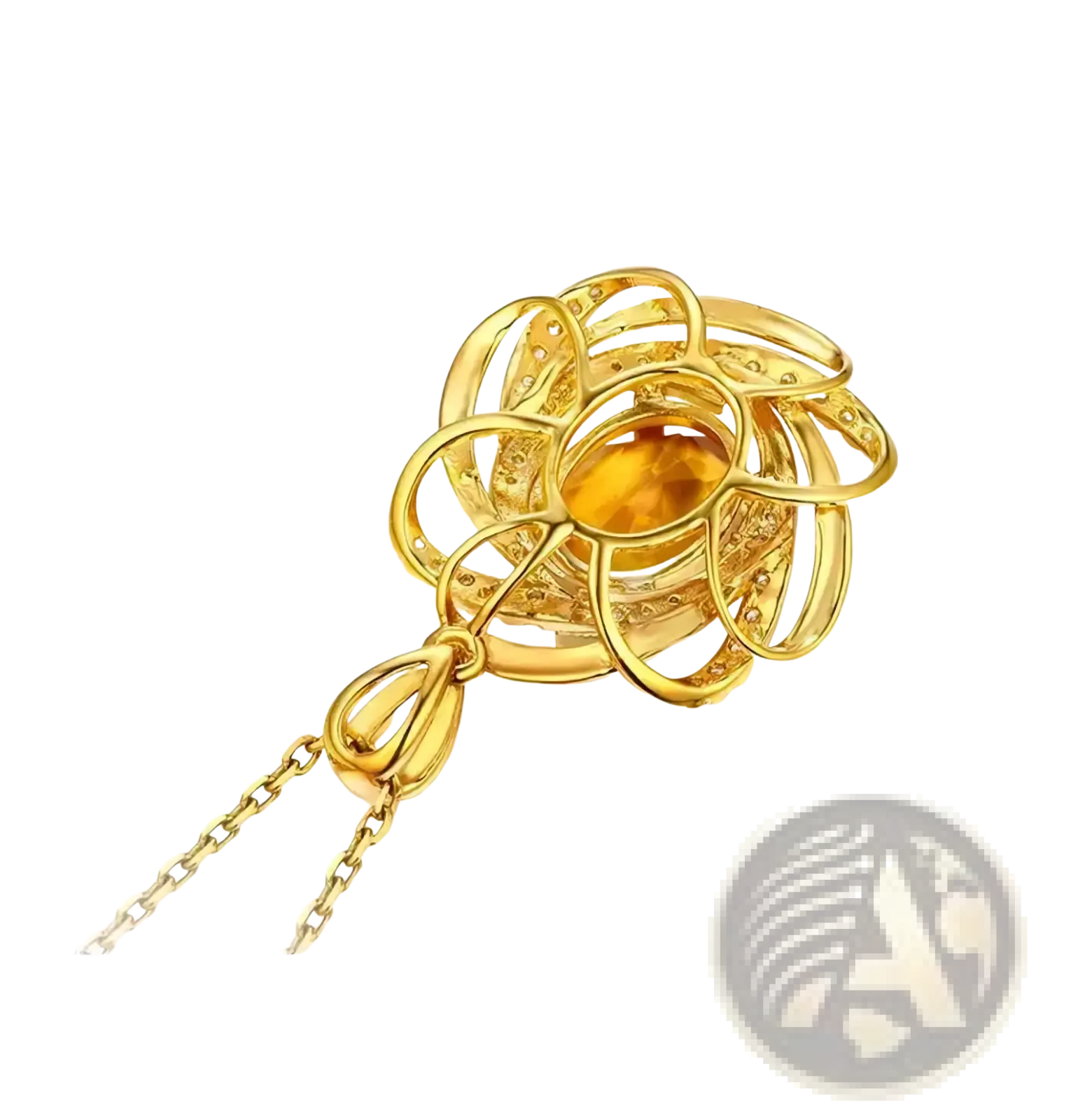 Golden citrine windmill pendant necklace with central amber gemstone, gold filigree, small diamonds, and delicate chain