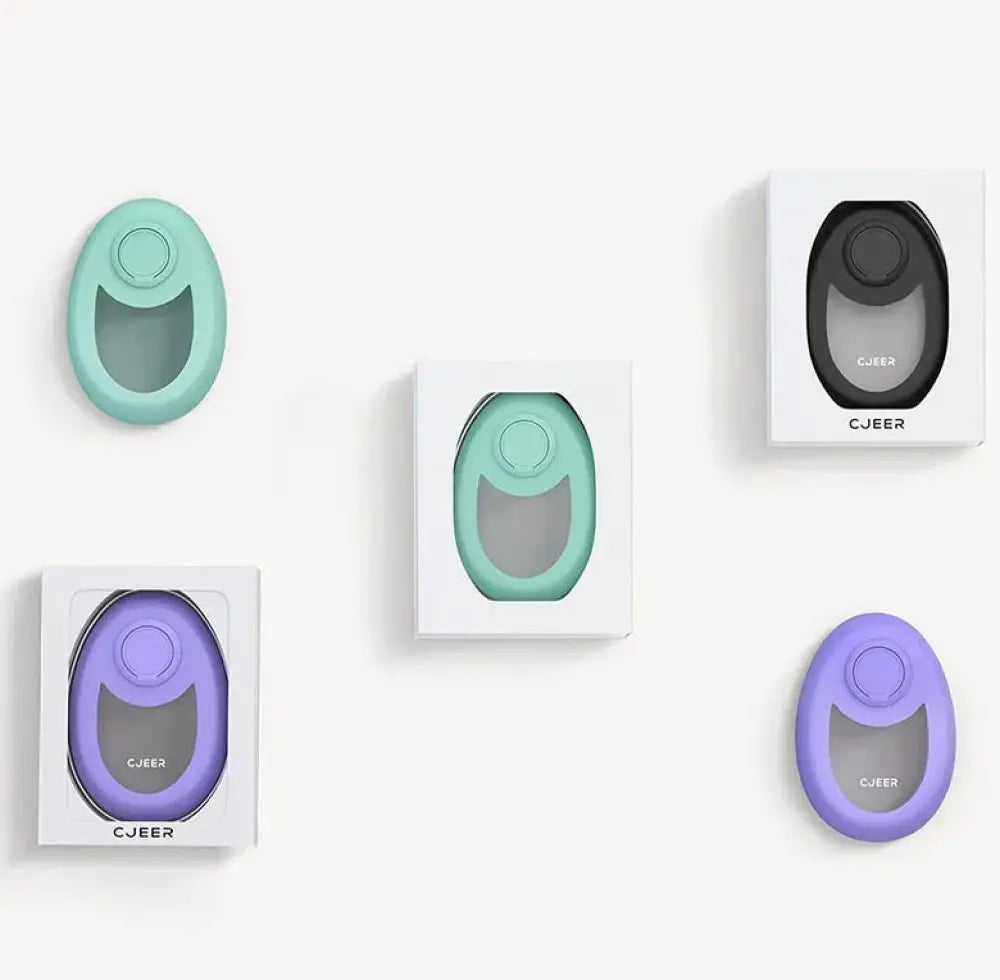 Cjeeer silicone phone grip in mint green black and purple shown with teal nano glass crystal hair eraser for painless removal