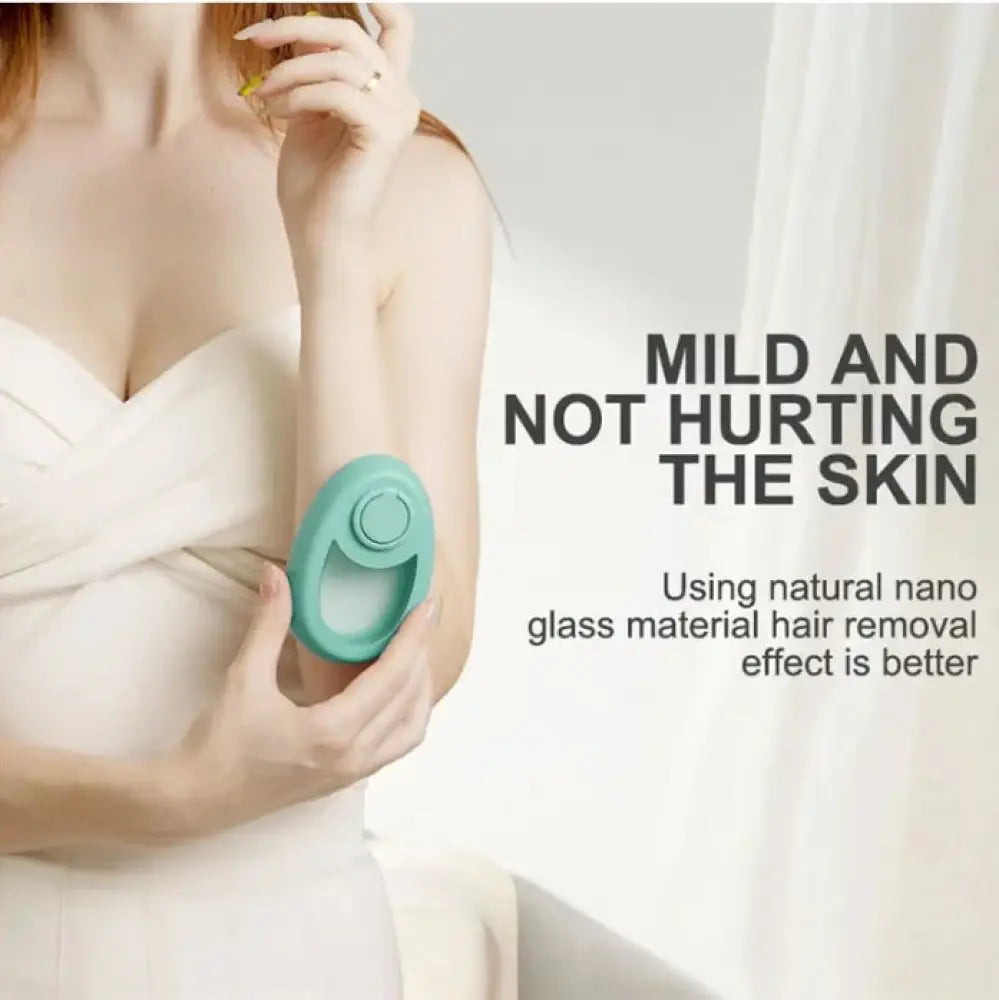 Teal nano glass crystal hair eraser handheld device with oval shape and circular button for painless hair removal