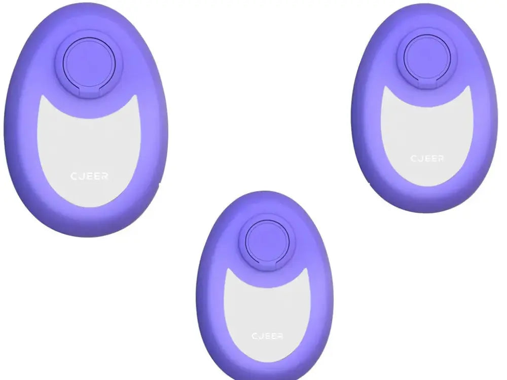 Purple oval-shaped phone stand with white cat-ear design and circular grip for use with teal nano glass crystal hair eraser