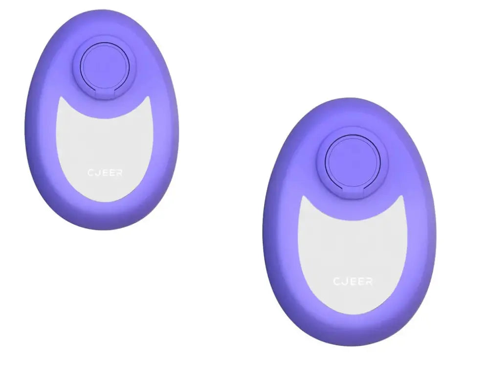Purple cjeer compact phone holder with white cat-shaped cutout and circular button shown with teal nano glass crystal hair eraser