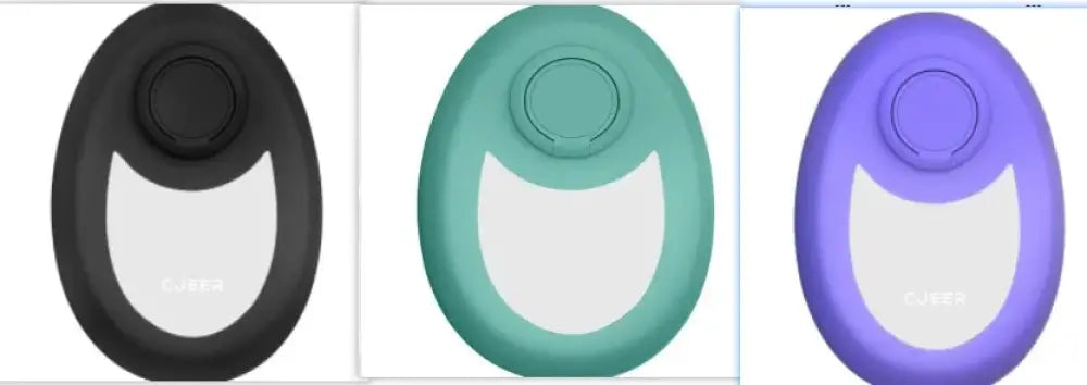 Three sleek oval-shaped silicone phone holders in black teal and purple with white cat-ear design and central button