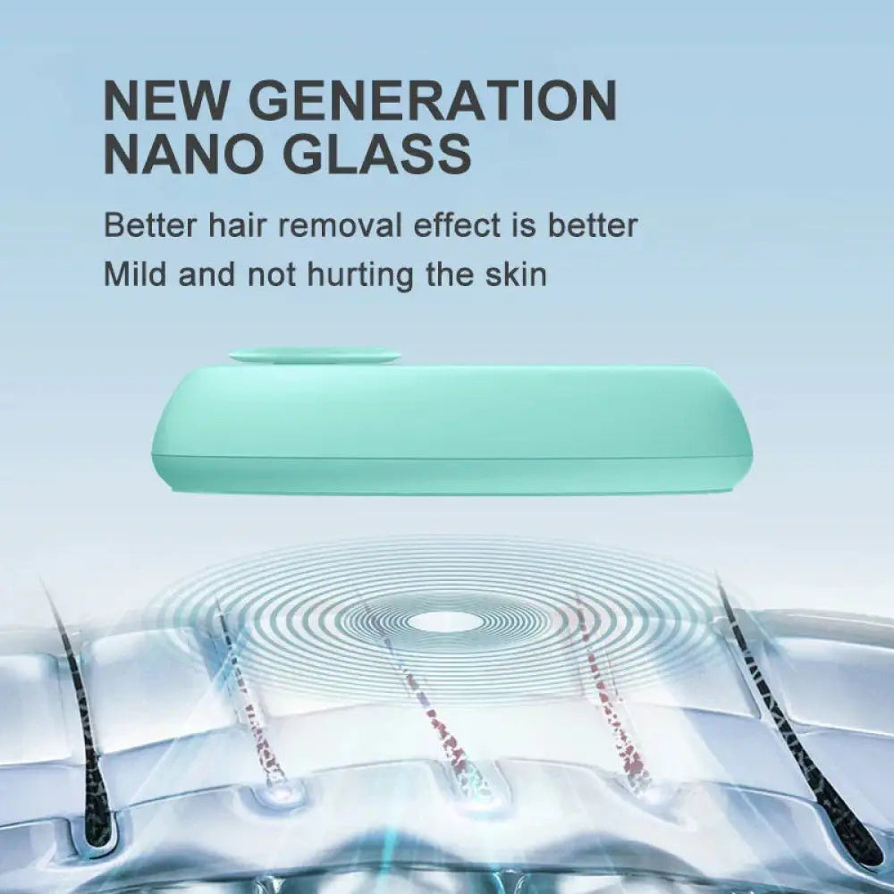 A sleek mint-green nano glass crystal hair eraser handheld device with a smooth rounded design for painless removal