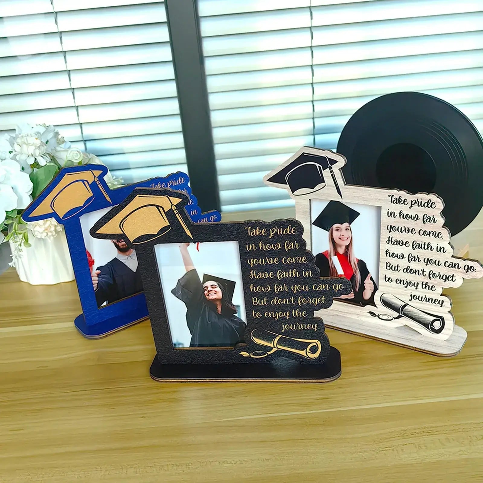 Black wooden graduation photo frame with gold foil lettering and cap diploma design for class of 2025 keepsake