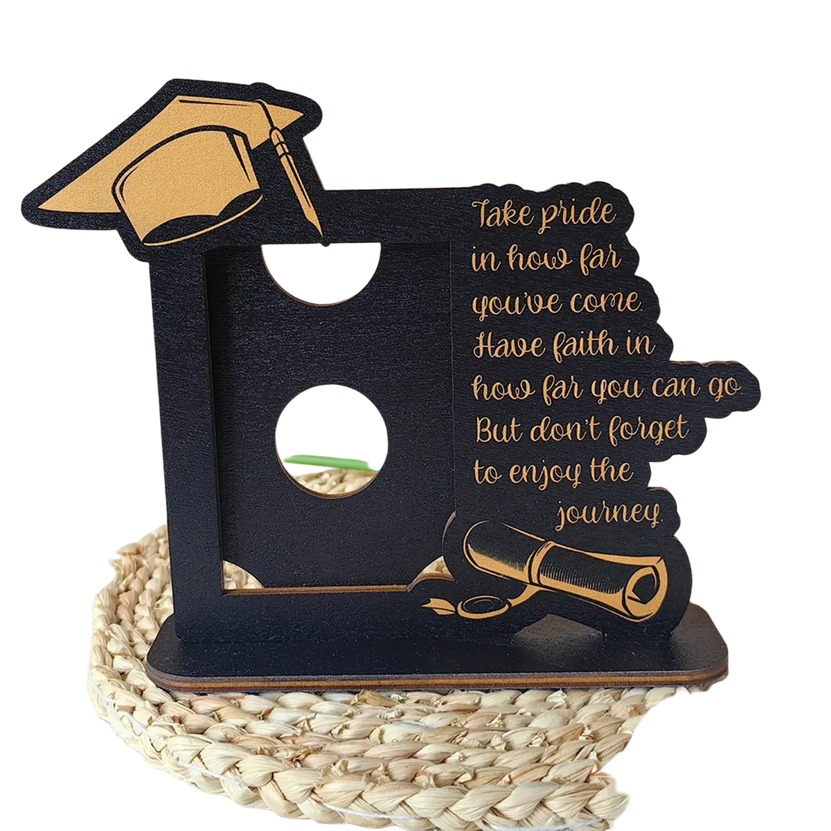 Class of 2025 wooden graduation photo frame in black wood with gold laser-engraved mortarboard diploma and inspirational quote