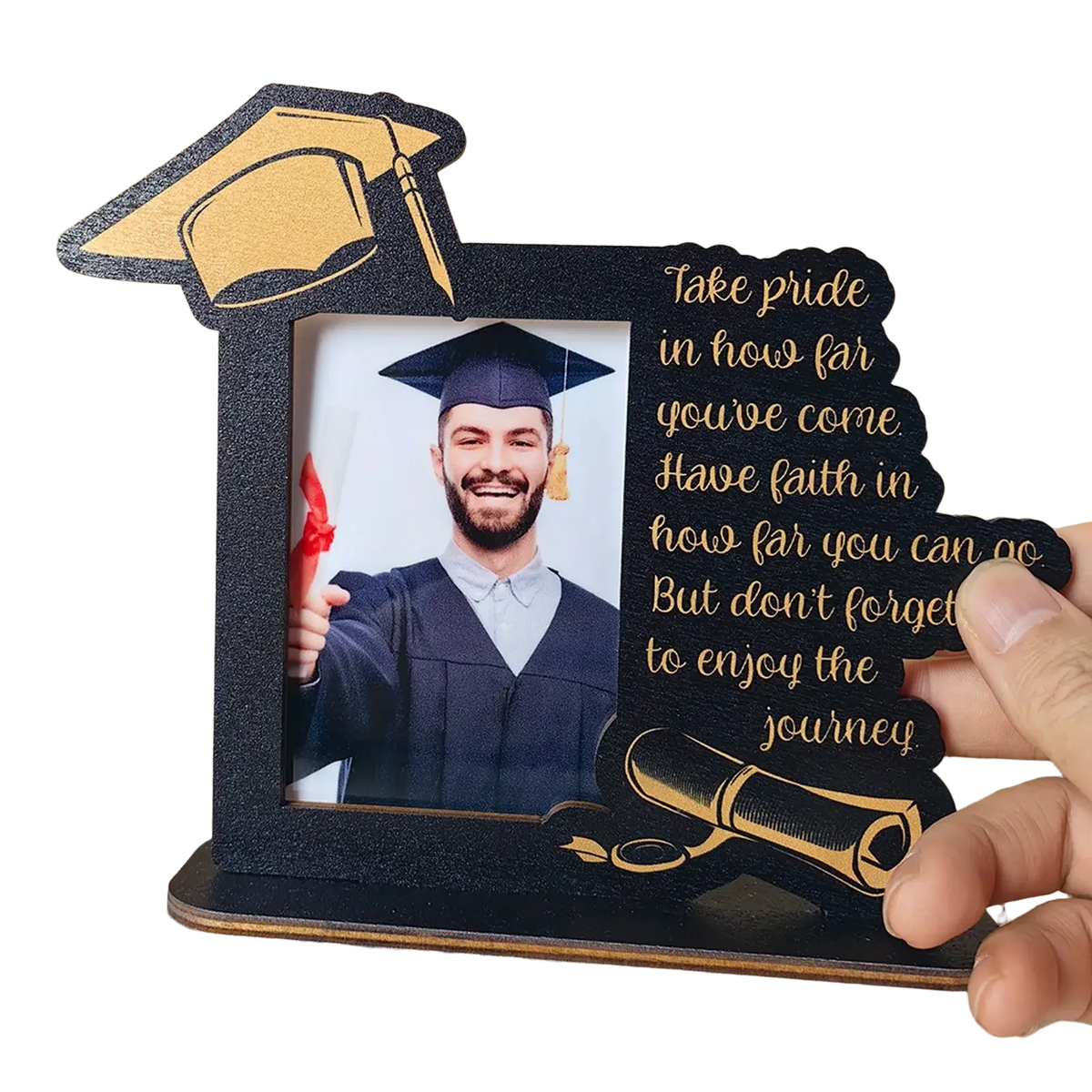 Class of 2025 wooden graduation photo frame in black with gold mortarboard and diploma accents for display