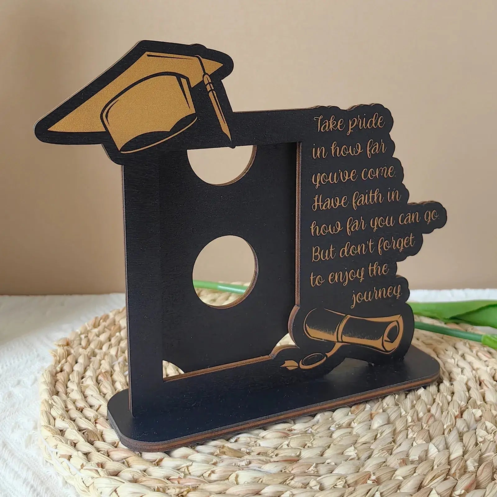 Class of 2025 black wooden graduation photo frame with gold laser-cut cap and diploma and inspirational quote