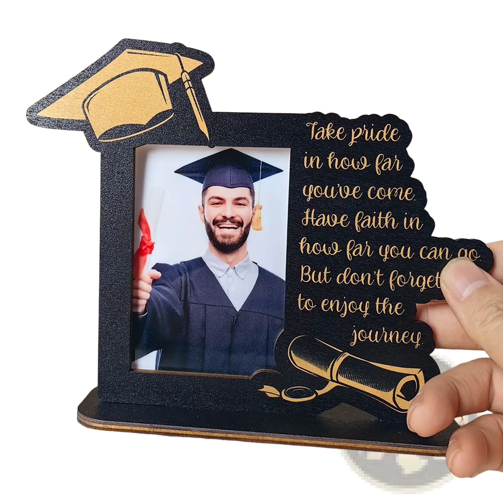 Class of 2025 wooden graduation photo frame in black with gold mortarboard and diploma accents for display
