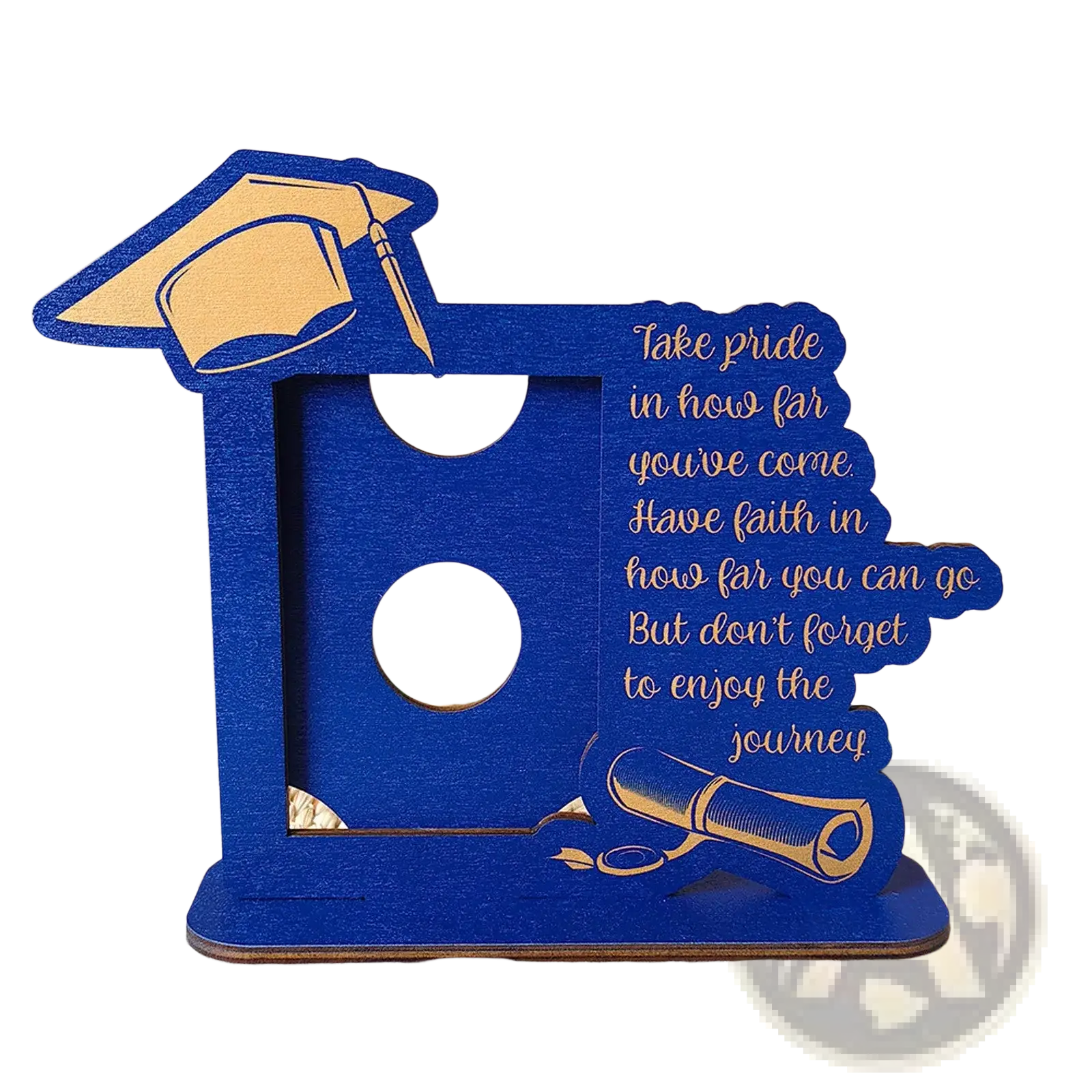 Blue wooden graduation photo frame with gold accents and engraved motivational quote for class of 2025