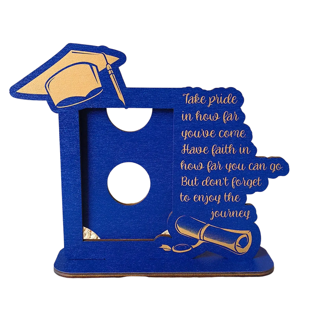 Blue wooden graduation photo frame with gold accents and engraved motivational quote for class of 2025