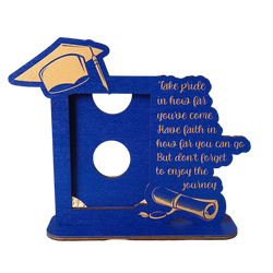 Blue wooden graduation photo frame with gold accents and engraved motivational quote for class of 2025