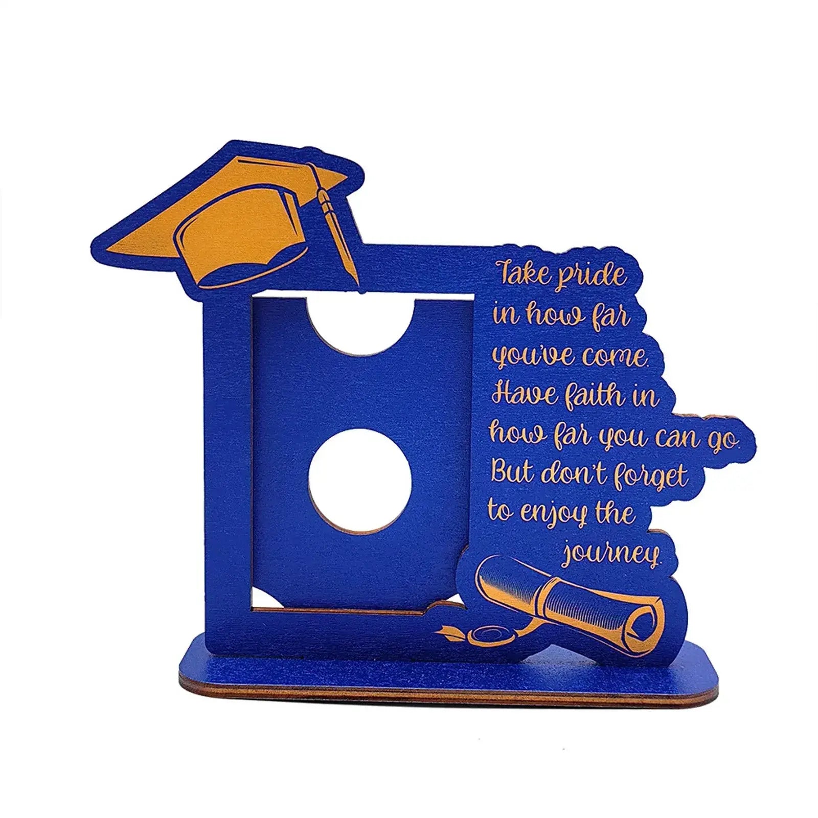 Class of 2025 wooden graduation photo frame with blue plaque gold accents mortarboard diploma engraving
