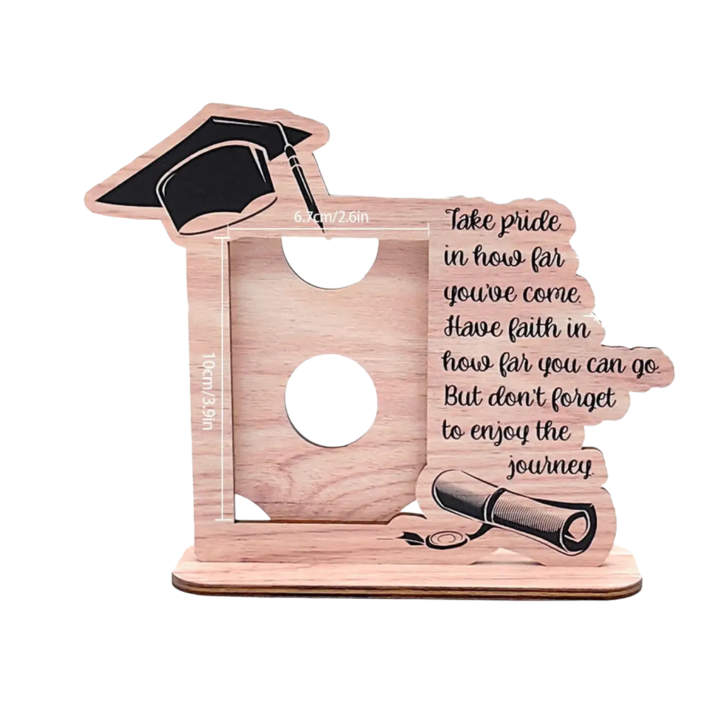 Light brown wooden Class of 2025 graduation photo frame money box with engraved motivational quote and cutout shapes