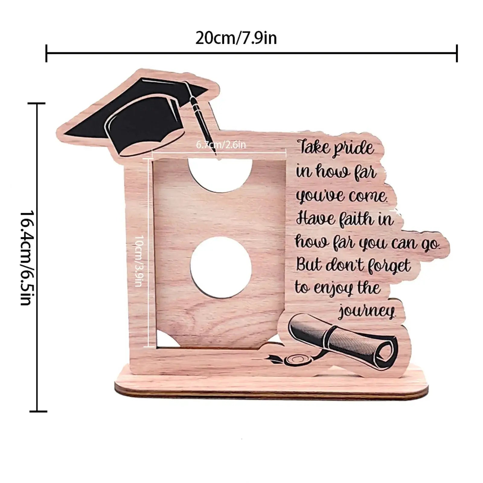 Light brown wooden Class of 2025 graduation photo frame money box with engraved motivational quote and cutout shapes