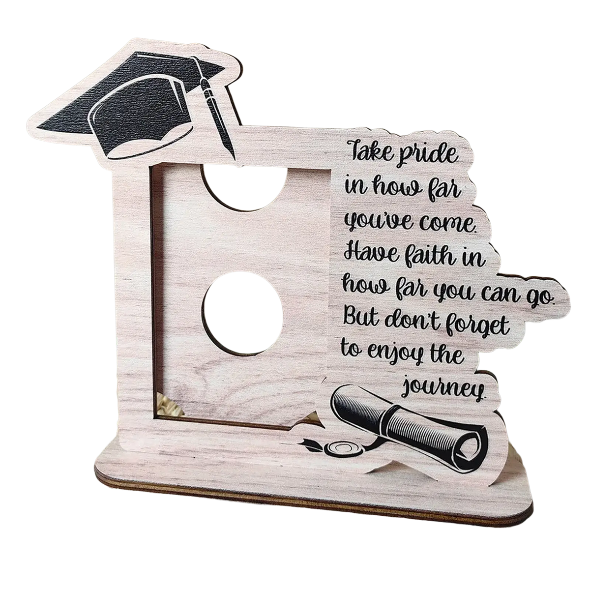 Light-colored wooden graduation photo frame for class of 2025 with engraved black text and cap diploma scroll cutouts