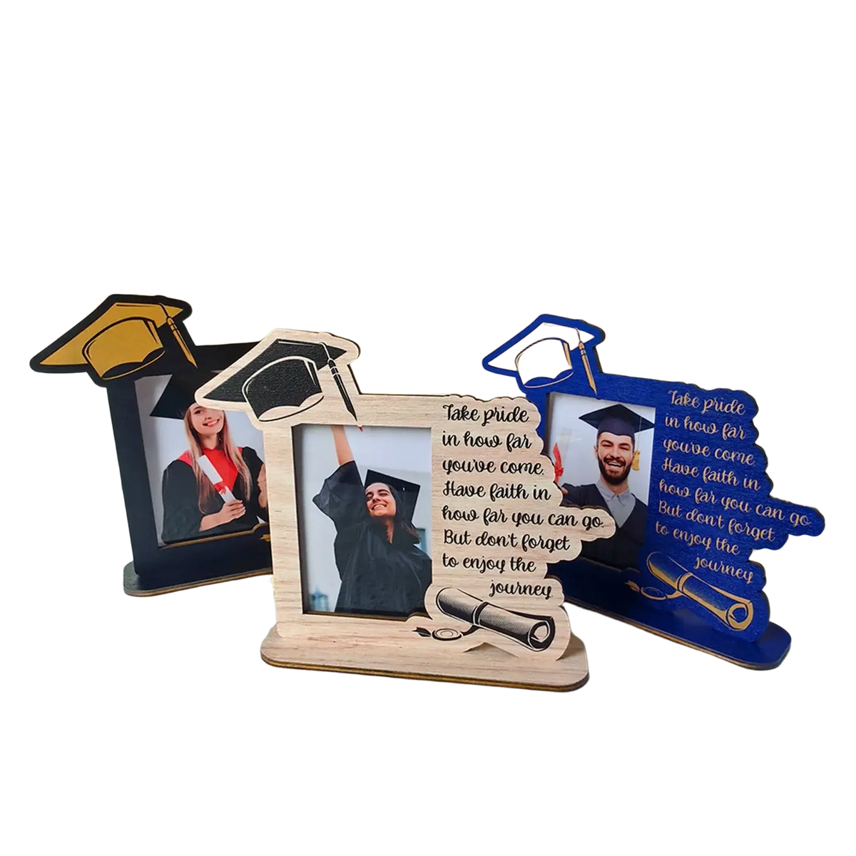 Class of 2025 wooden graduation photo frame with natural finish and cutout mortarboard and diploma designs on edges
