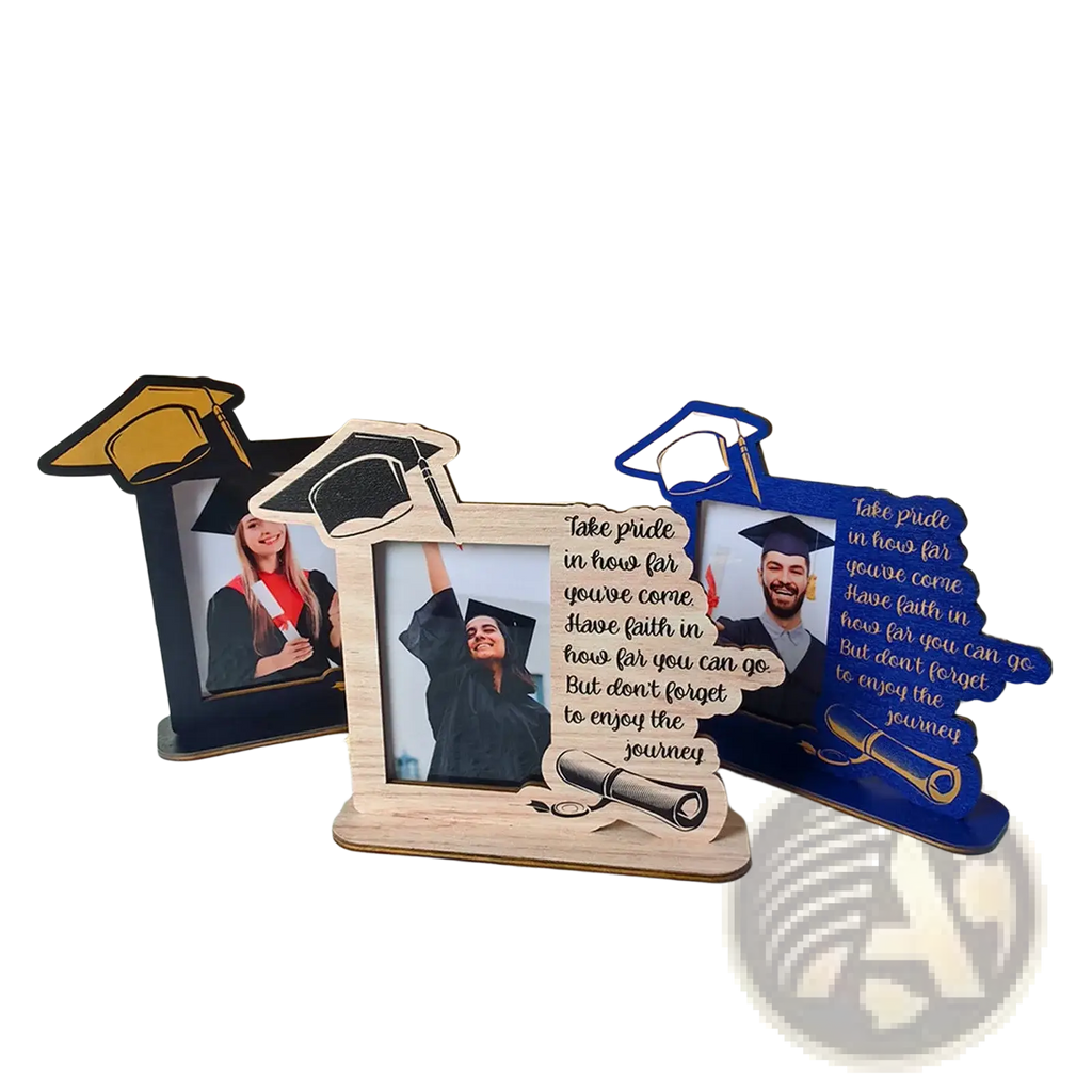 Class of 2025 wooden graduation photo frame with natural finish and cutout mortarboard and diploma designs on edges
