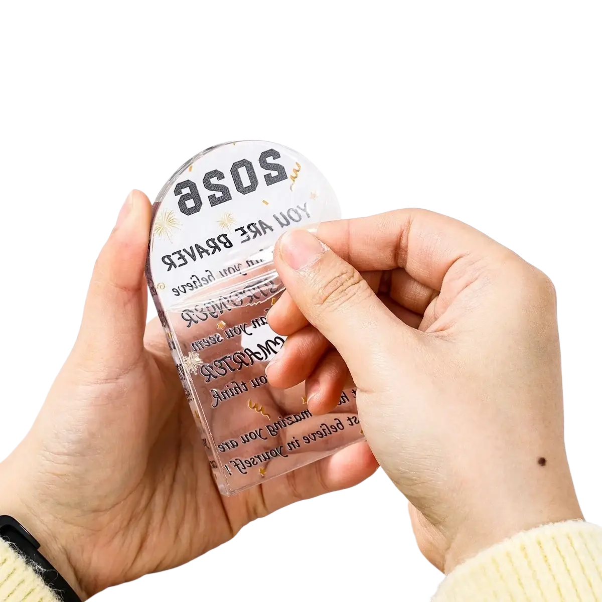 Clear acrylic heart keepsake with black and gold motivational sos sticker for class of 2026 graduation
