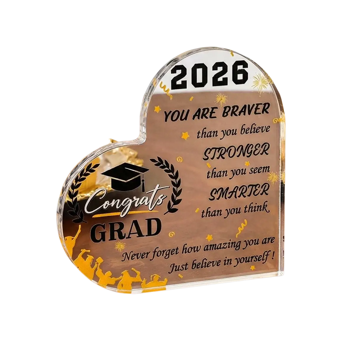 Clear acrylic heart-shaped graduation plaque with engraved black text gold foil accents and 2026 for class of 2026 keepsake