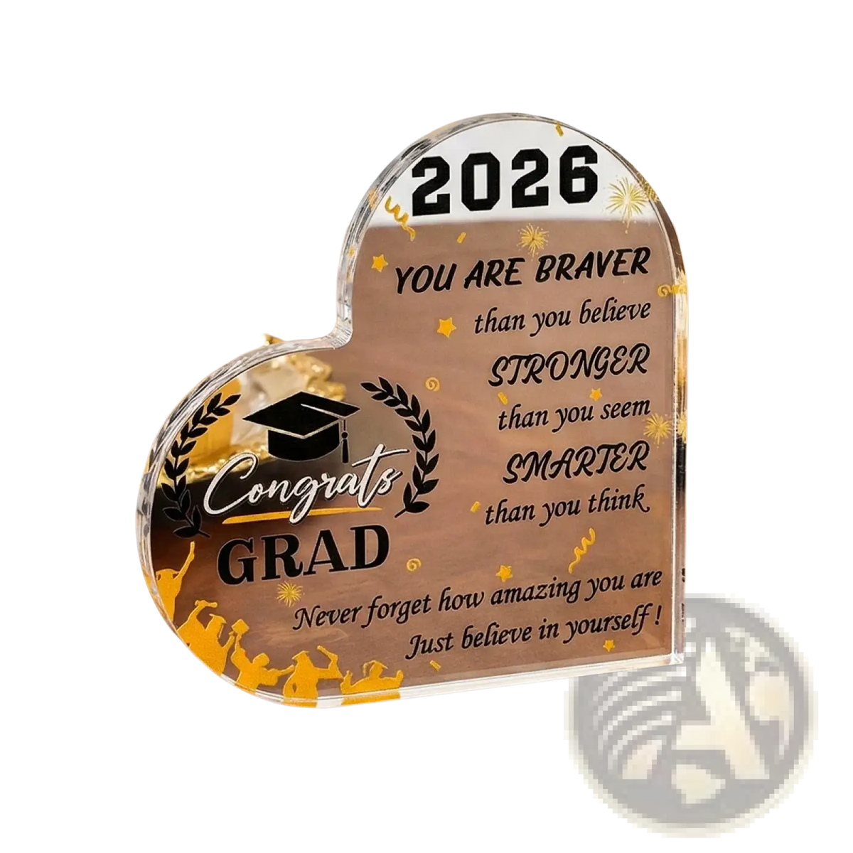 Clear acrylic heart-shaped graduation plaque with engraved black text gold foil accents and 2026 for class of 2026 keepsake