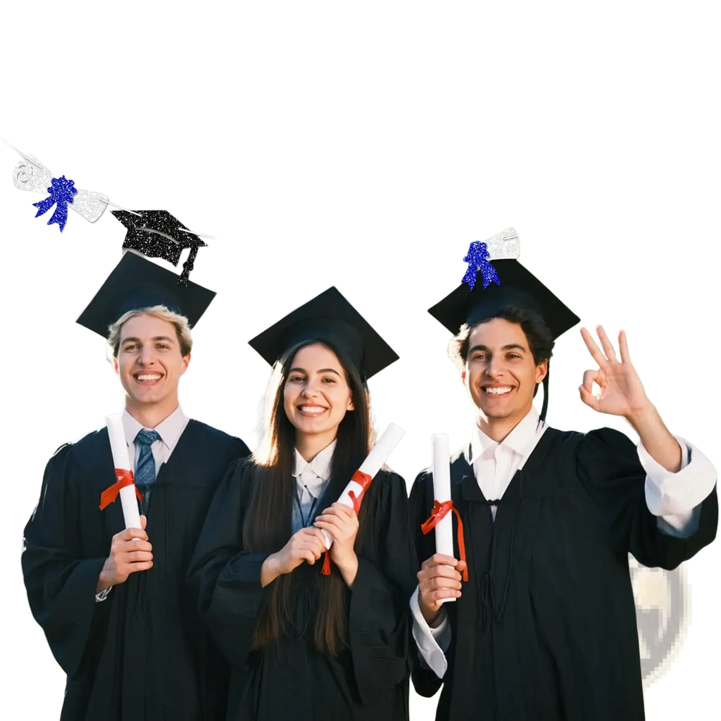 Blue glitter class of 2026 graduation banner with black and silver mortarboard decorations for graduation celebration