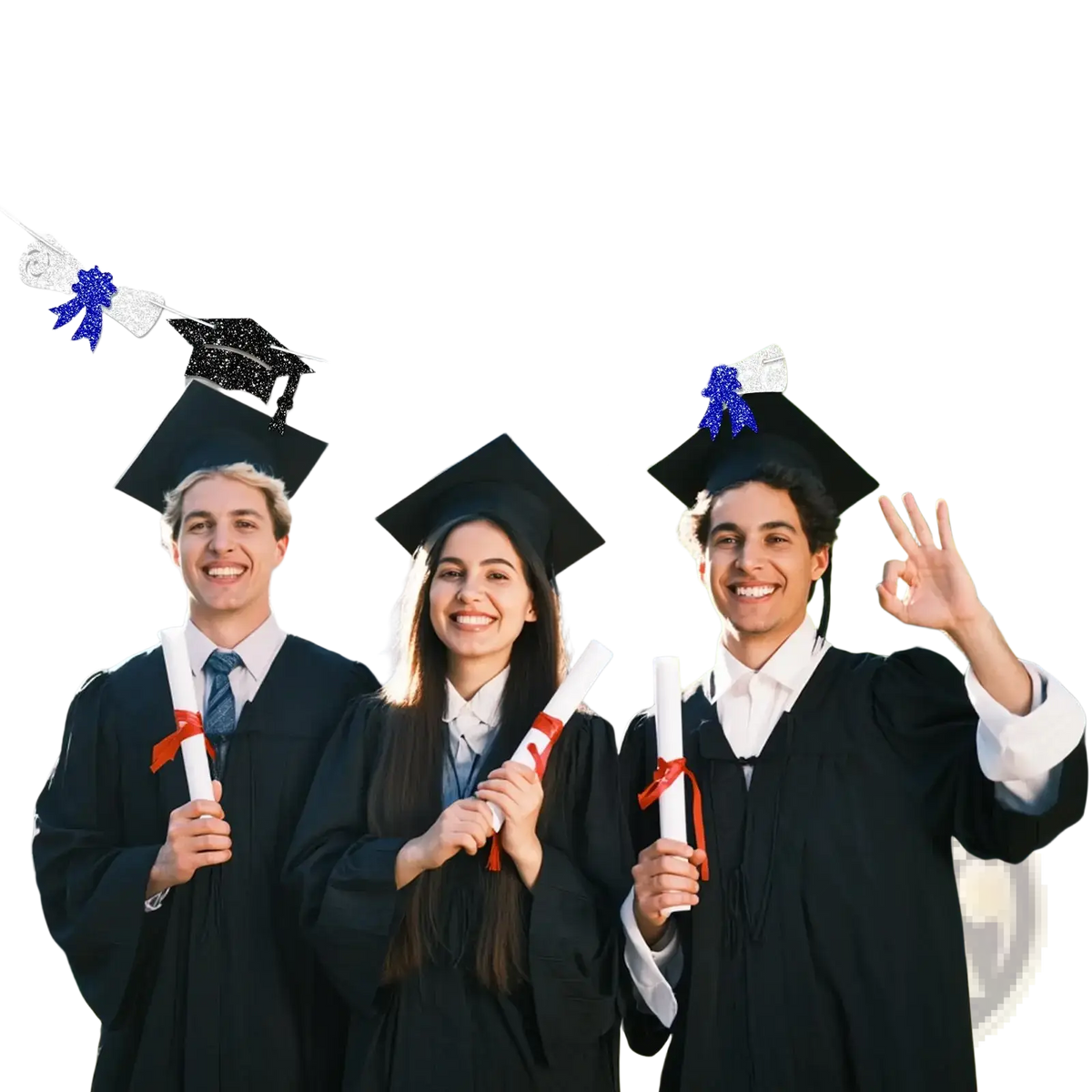 Blue glitter class of 2026 graduation banner with black and silver mortarboard decorations for graduation celebration