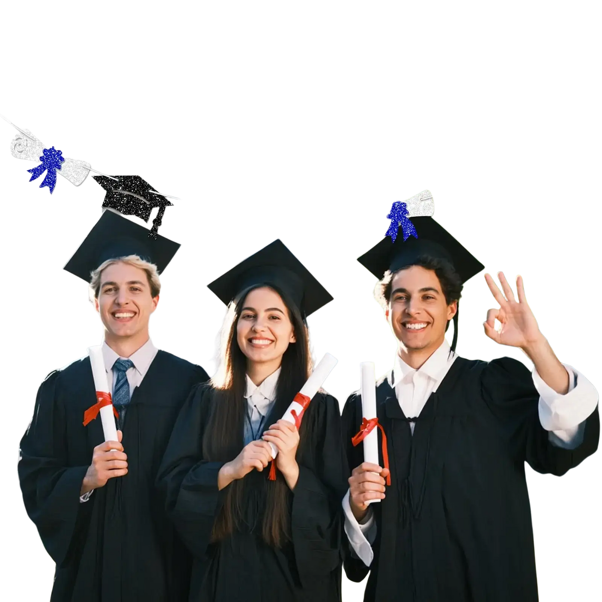 Blue glitter class of 2026 graduation banner with black and silver mortarboard decorations for graduation celebration