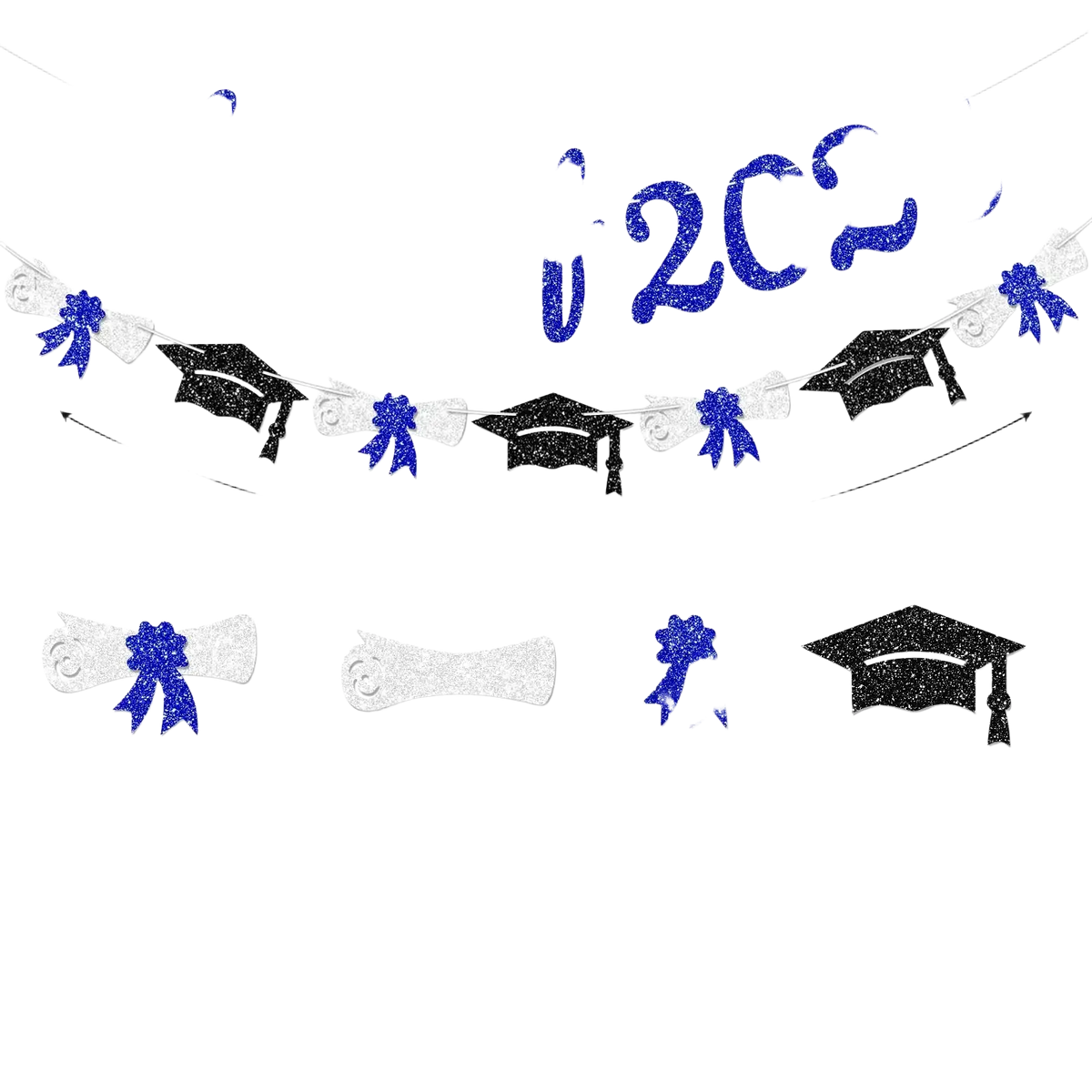 Blue glittery class of 2026 graduation banner with black and white glittery mortarboard and diploma cutouts for celebration