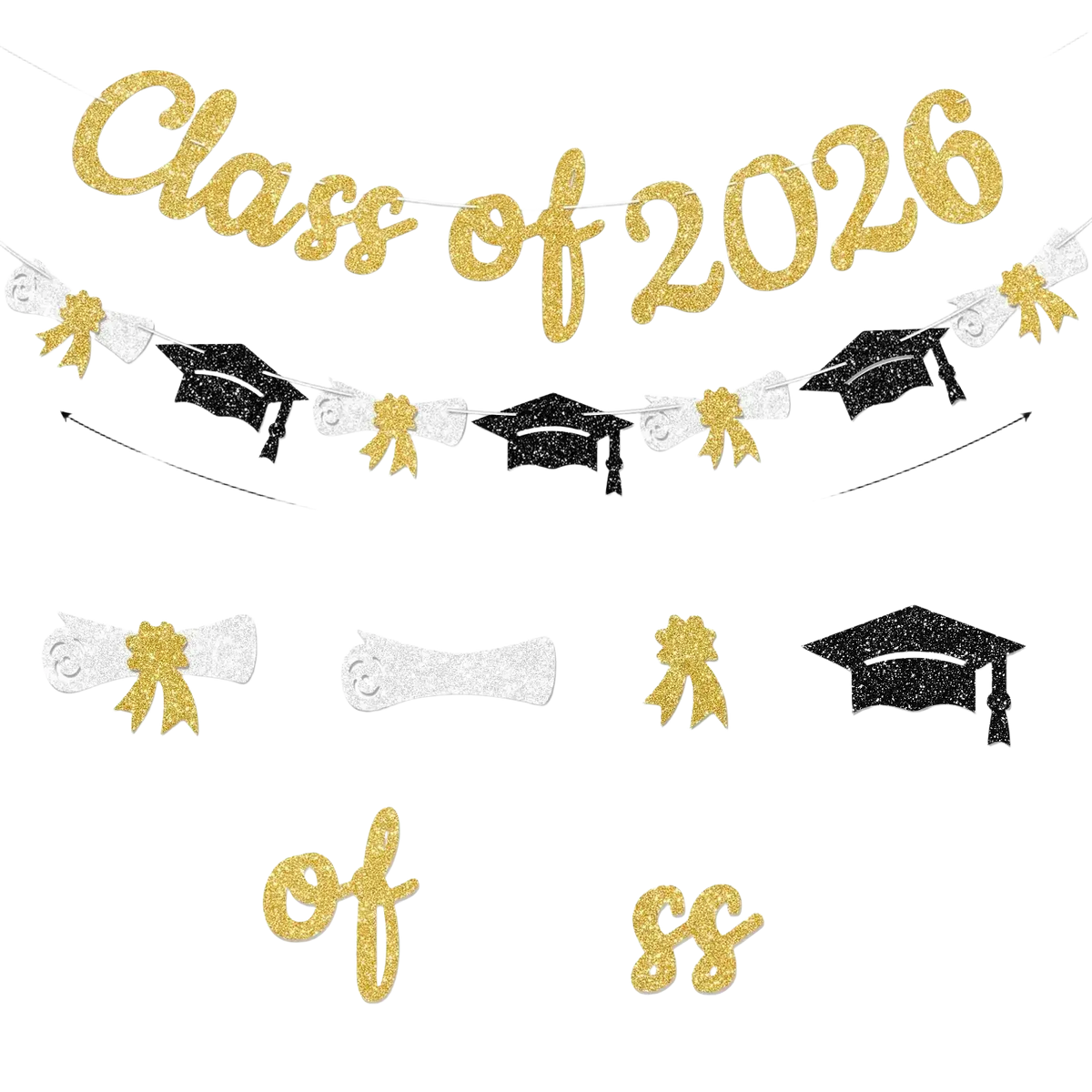 Gold glitter class of 2026 graduation banner and garland featuring black caps and white diplomas for celebrations