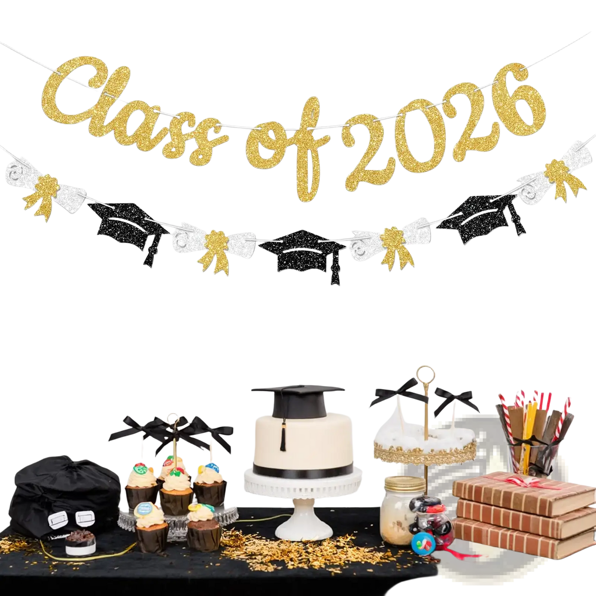 Class of 2026 graduation banner and garland featuring gold glitter text with black and silver graduation cap cutouts