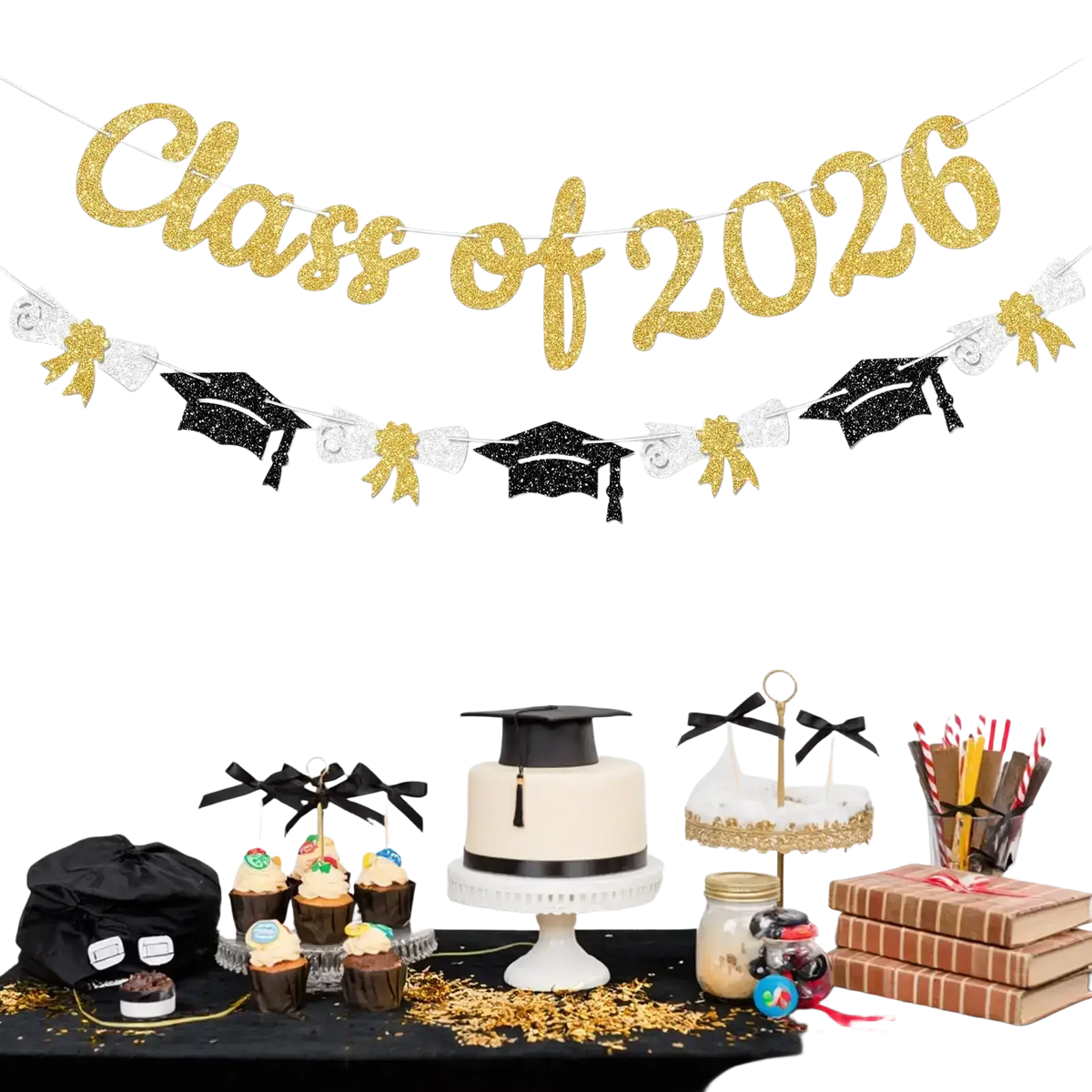 Gold glitter class of 2026 graduation banner and garland featuring black caps and white accents for graduation decor