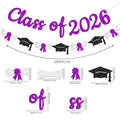 Class of 2026 graduation banner and garland featuring purple glitter letters with black glitter caps and white diploma cutouts