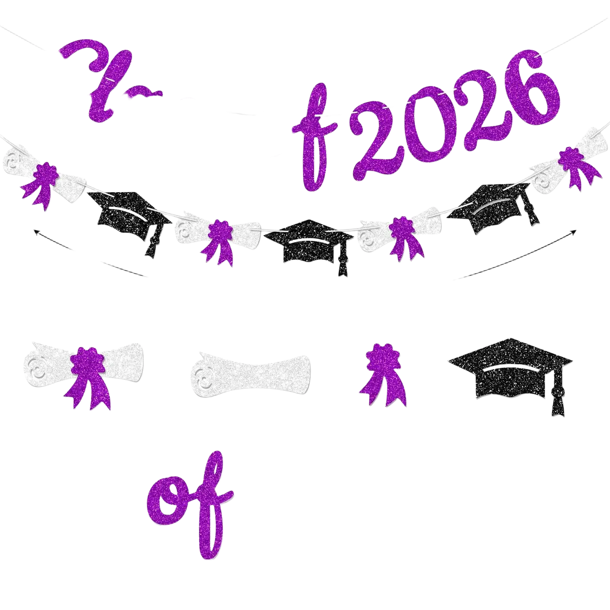 Class of 2026 graduation banner and garland featuring purple glitter letters with black glitter caps and white diploma cutouts