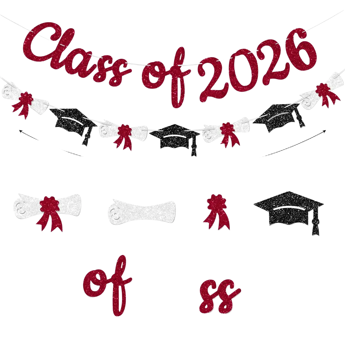 Class of 2026 graduation banner and garland in red and black glitter with caps diplomas and ribbons for celebration