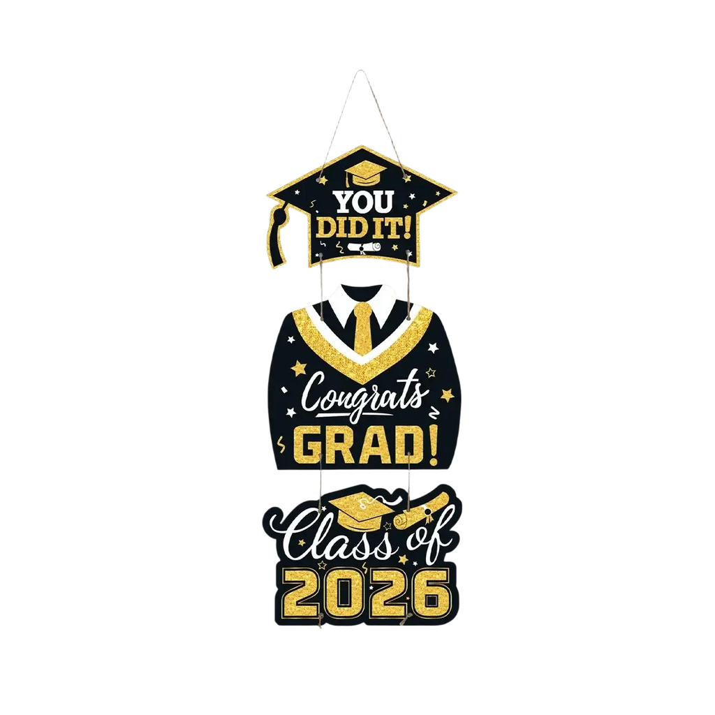 Class of 2026 black and gold graduation door hanging decor featuring cap, gown, tie, and text design