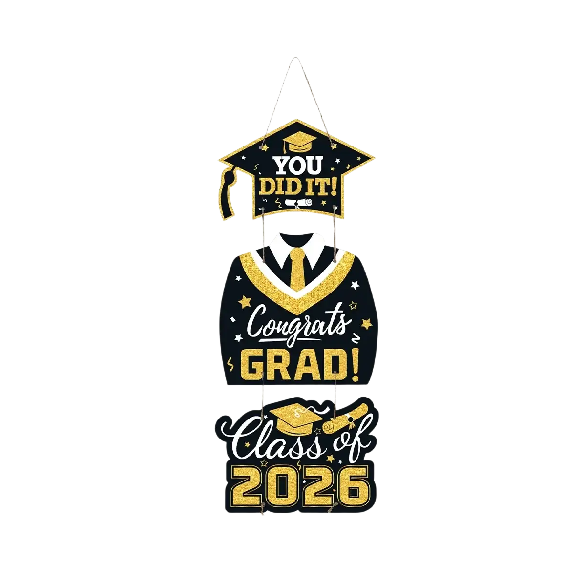 Class of 2026 black and gold graduation door hanging decor featuring cap, gown, tie, and text design