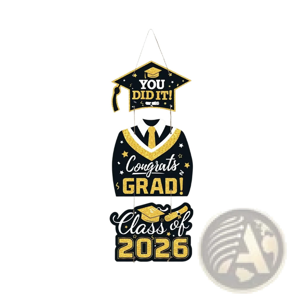 Class of 2026 black and gold graduation door hanging decor featuring cap, gown, tie, and text design