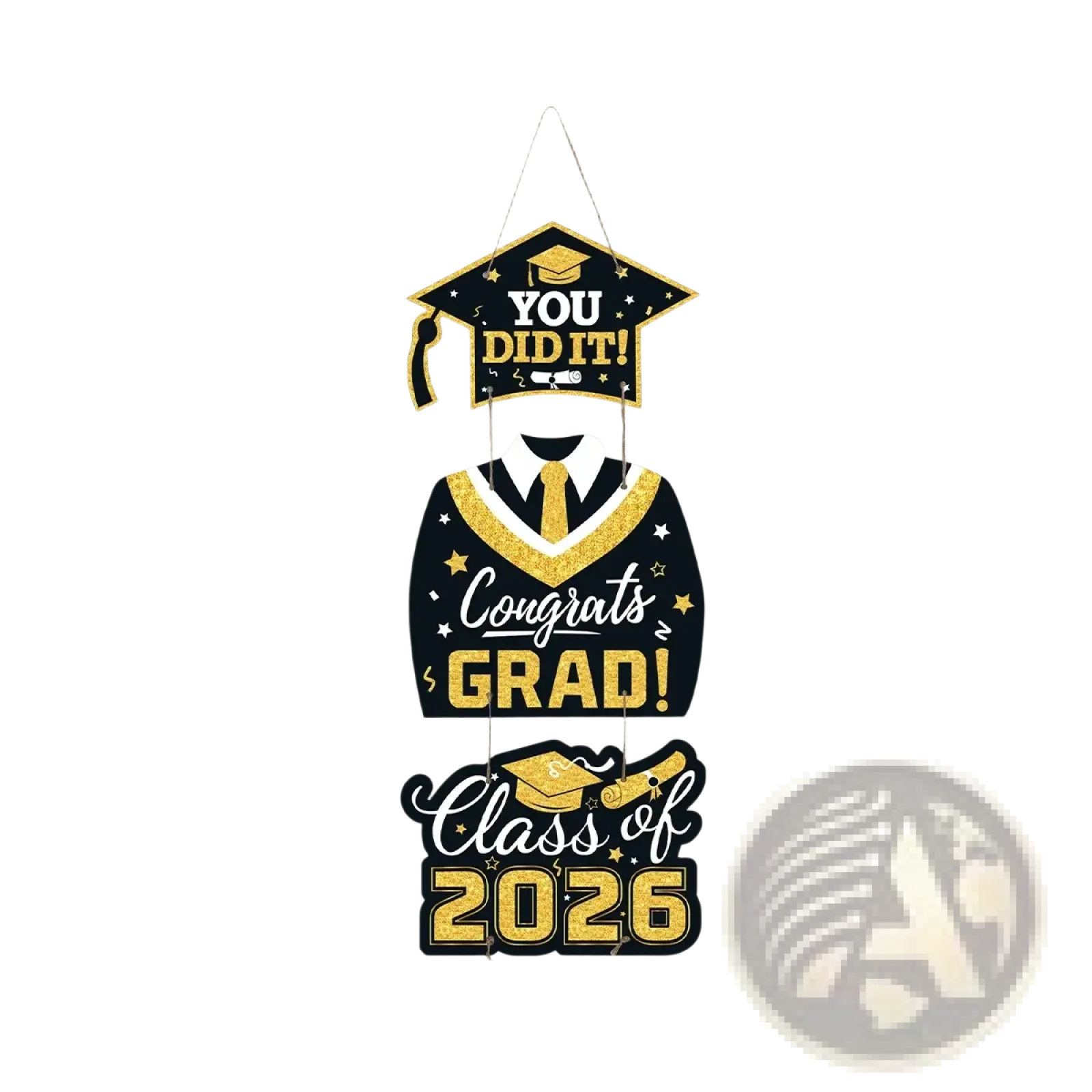 Class of 2026 black and gold graduation door hanging decor featuring cap, gown, tie, and text design